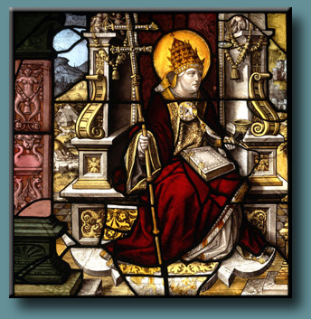 photo: Saint Cornelius depicted in stained-glass, cloister of Mariawald Abbey (about 1520 - 1521) 
